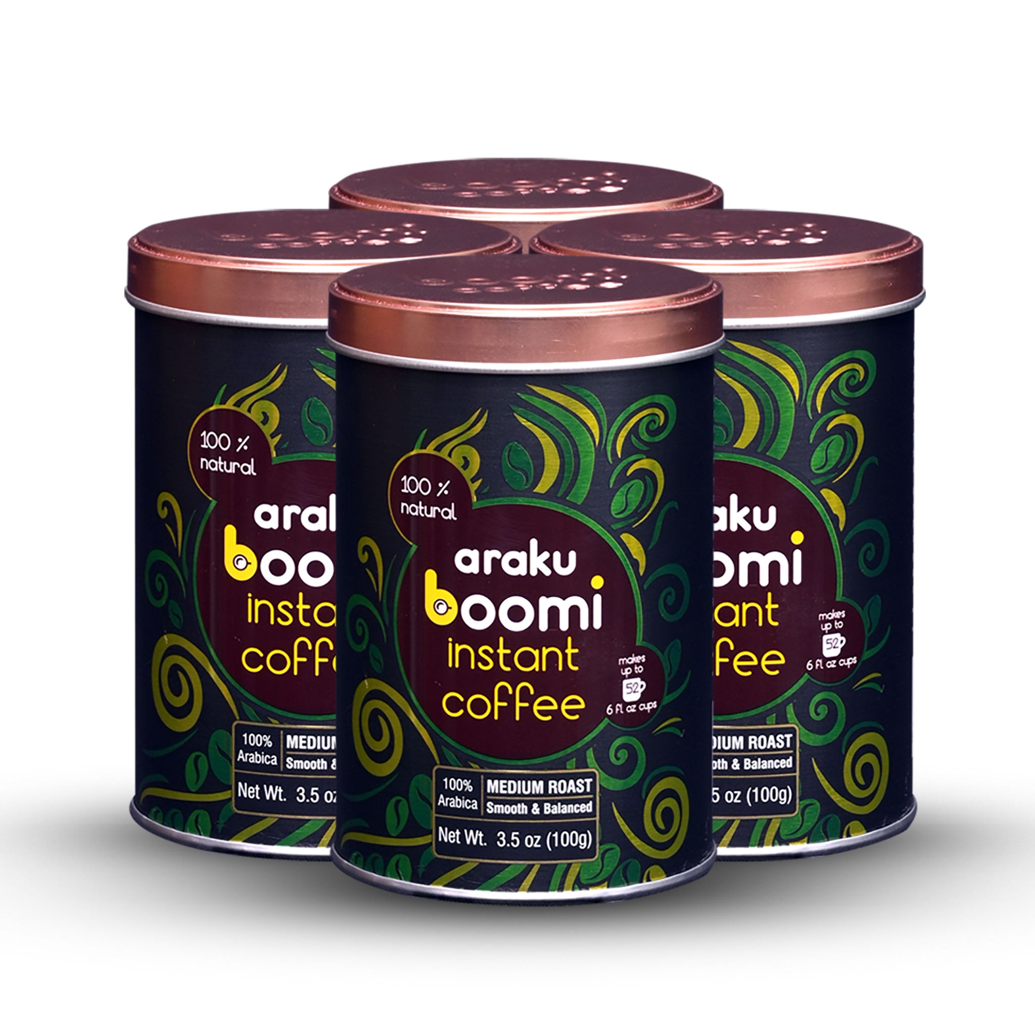 Araku Boomi Premium Instant Coffee, Medium Roast, 100% Arabica, Araku Valley, 3.5 oz. Jar, Naturally Caffeinated (4 Pack)