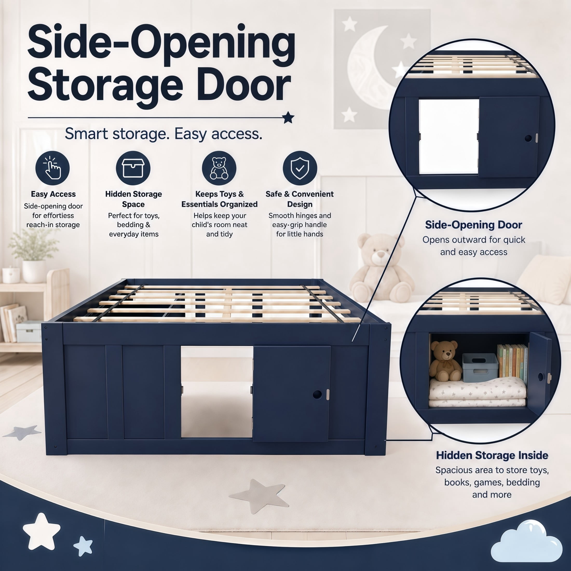 GDF Studio Tyler Full Size Captain Bed with Storage Drawers & Side Door, Modern Space-Saving Bed for Kids, Navy Blue