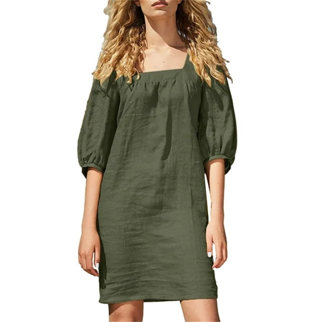 AherBiu Robe Midi Trapèze Décontractée d'Été pour Femmes Grande Taille en Coton et Lin à Encolure Carrée, Manches 3/4