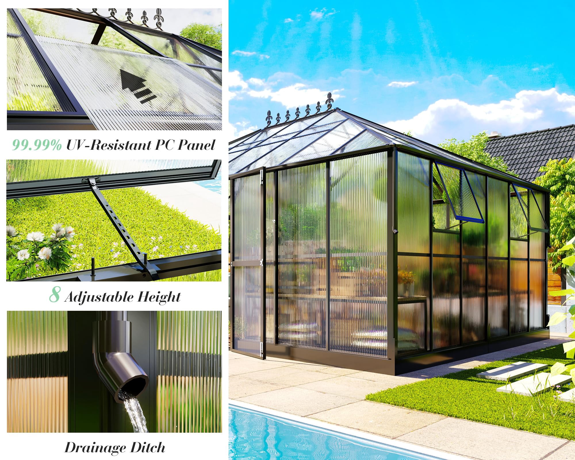 Jocisland 16x12x9.5 ft Polycarbonate Greenhouse- 6 ft Wall Height Outdoor Aluminum Walk-in Greenhouses with 2 Ventilation, for Backyard Garden