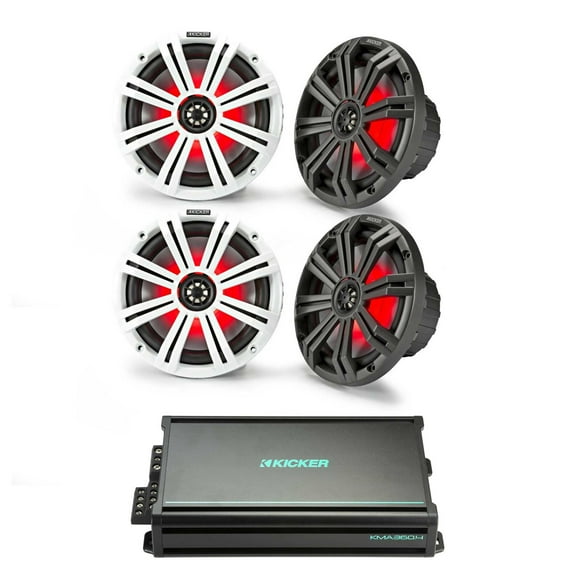 Kicker Marine Amplifier Speaker Bundle 8" LED Speaker (2 Pair) with 4 Channel Amp