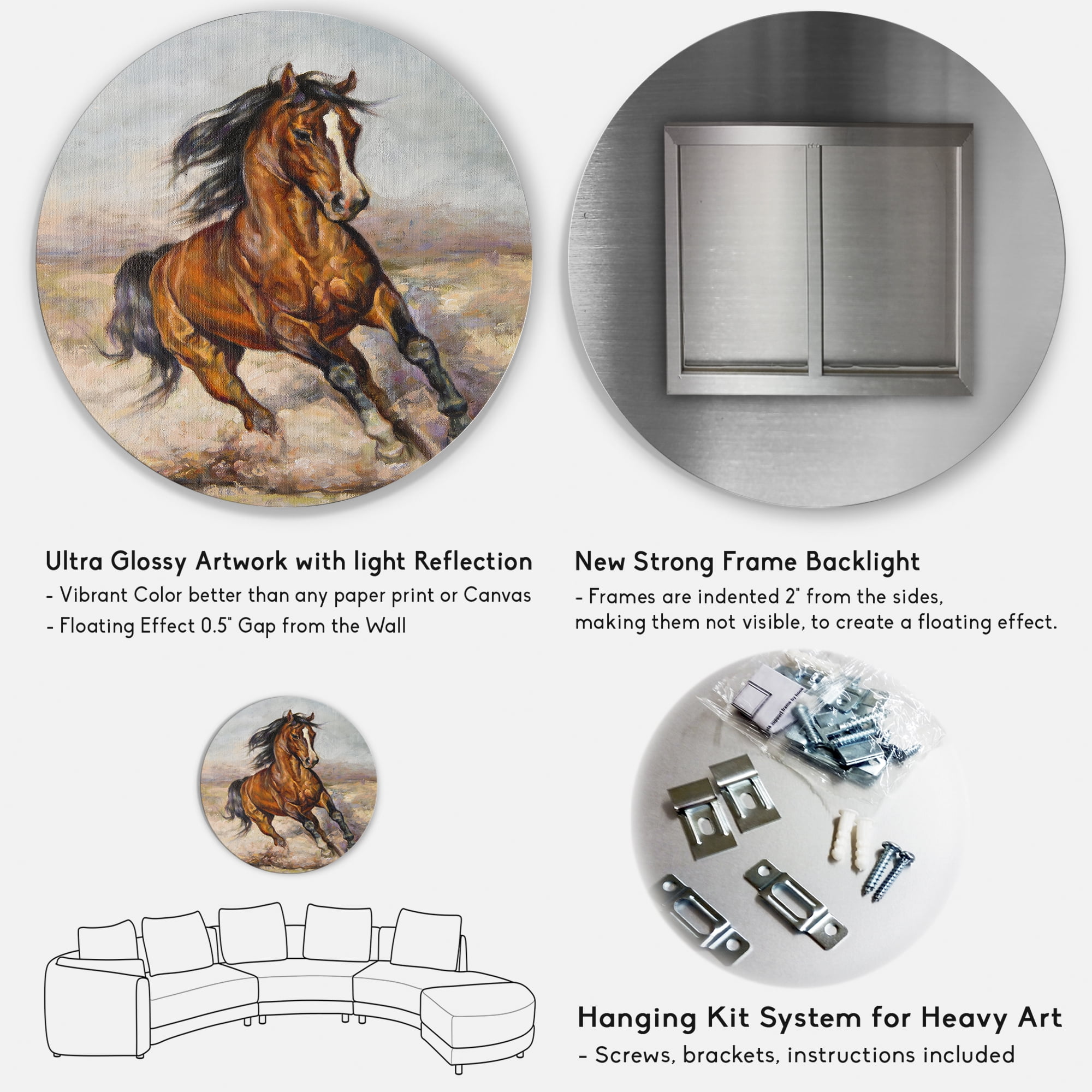 Designart 'A Brown Horse In The Race' Farmhouse Circle Metal Wall Art 36x36 - Disc of 36