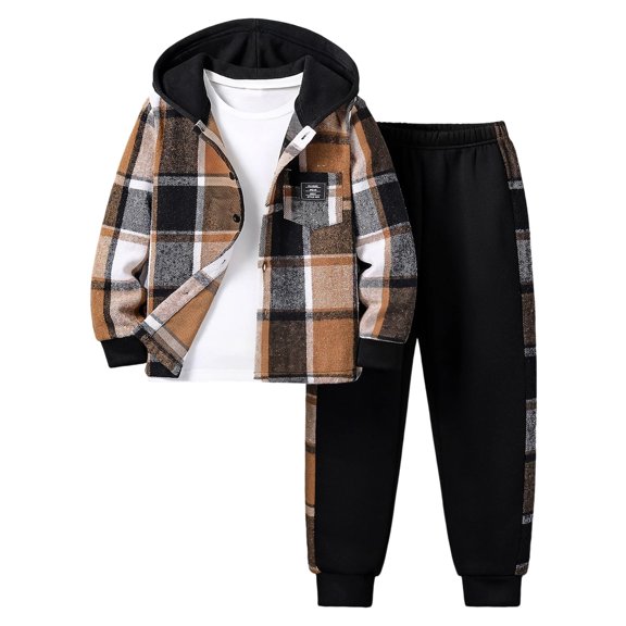 UYYX Baby Outfits Young Boys Layered Plaid Hood Jacket Loose Fit Jogger Pants Suit Comfort Spring Boys Clothing（Brown,9-10 Years）