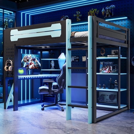 Mirightone Gaming Loft Bed with Desk and Lights, Full Size Wood Loft Bed with LED and Shelves, Power Outlet, Full Loft Bed with Storage Shelves, Black+Blue