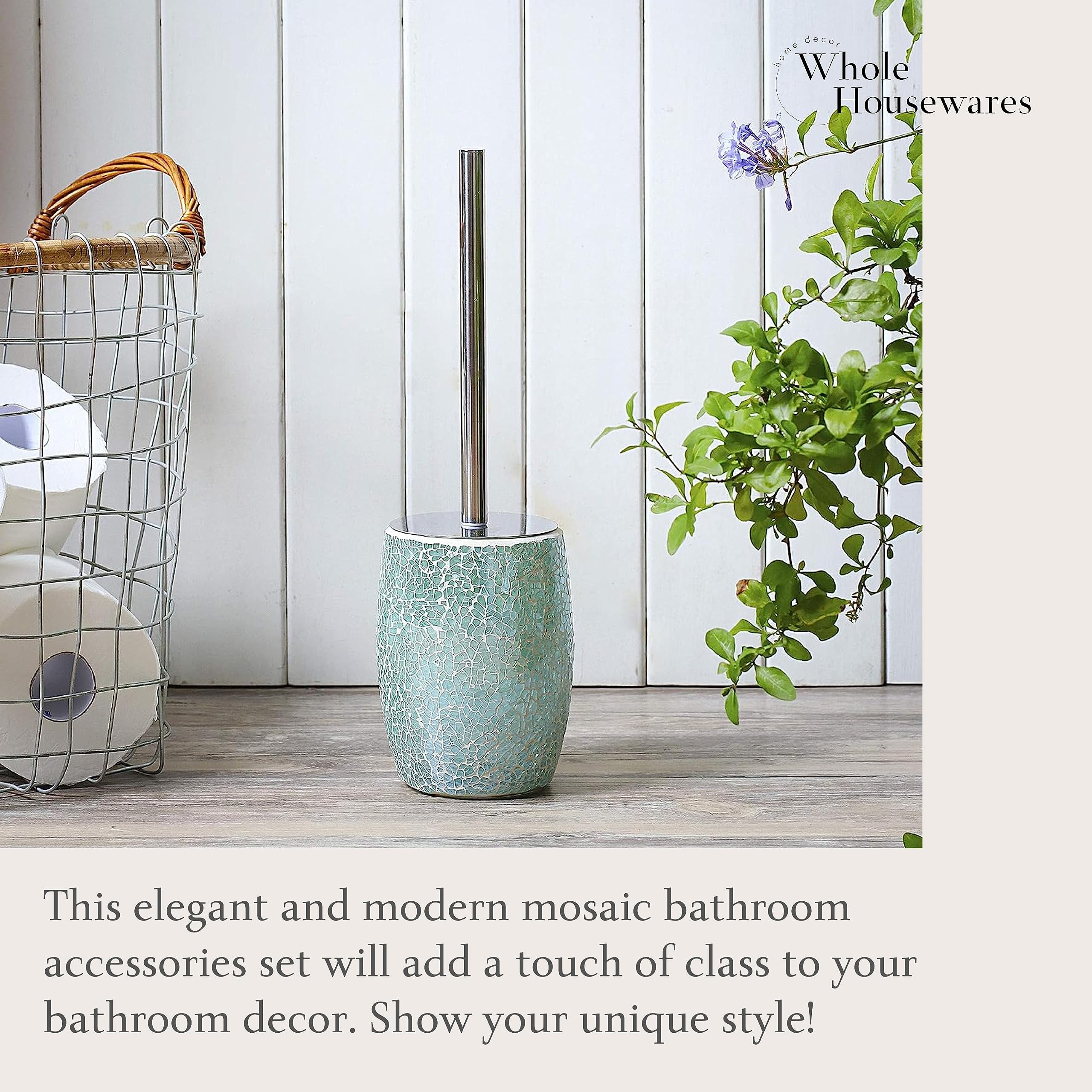 WHOLE HOUSEWARES Modern Toilet Brush Set, Turquoise (1 Glass Mosaic Bathroom Accessory)