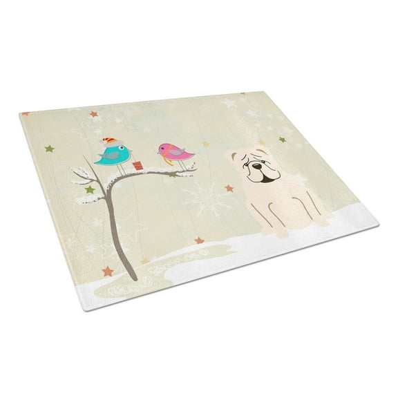 Caroline's Treasures Christmas Presents between Friends English Bulldog White Glass Cutting Board Large