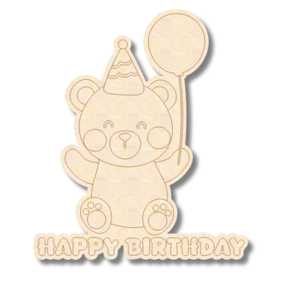 Unfinished Wood Etched Birthday Bear with Balloon Shape | Paint By Line Crafts 12" / 1/4"