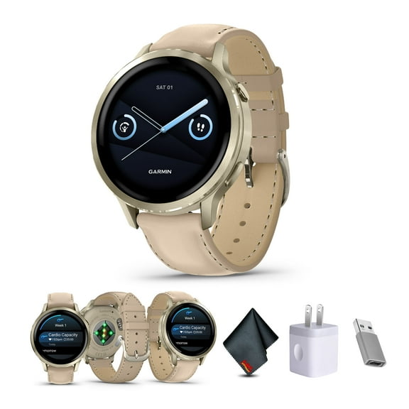 Garmin Venu 4 41mm GPS Fitness Smartwatch, Lunar Gold with Light Sand Leather Band Bundle