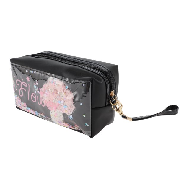 Ofertas Únicas 1 Pc Bolsa de Maquillaje Portátil con Lentejuelas para Viajes, Gimnasio, Vacaciones, Bodas PU PVC Negra