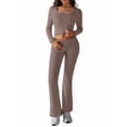 thumbnail image 3 of 2 Piece Square Neck Lounge Set Womens Wide Leg Pants Slightly Crop Top Sweatsuit Sets Camel Color S, 3 of 9