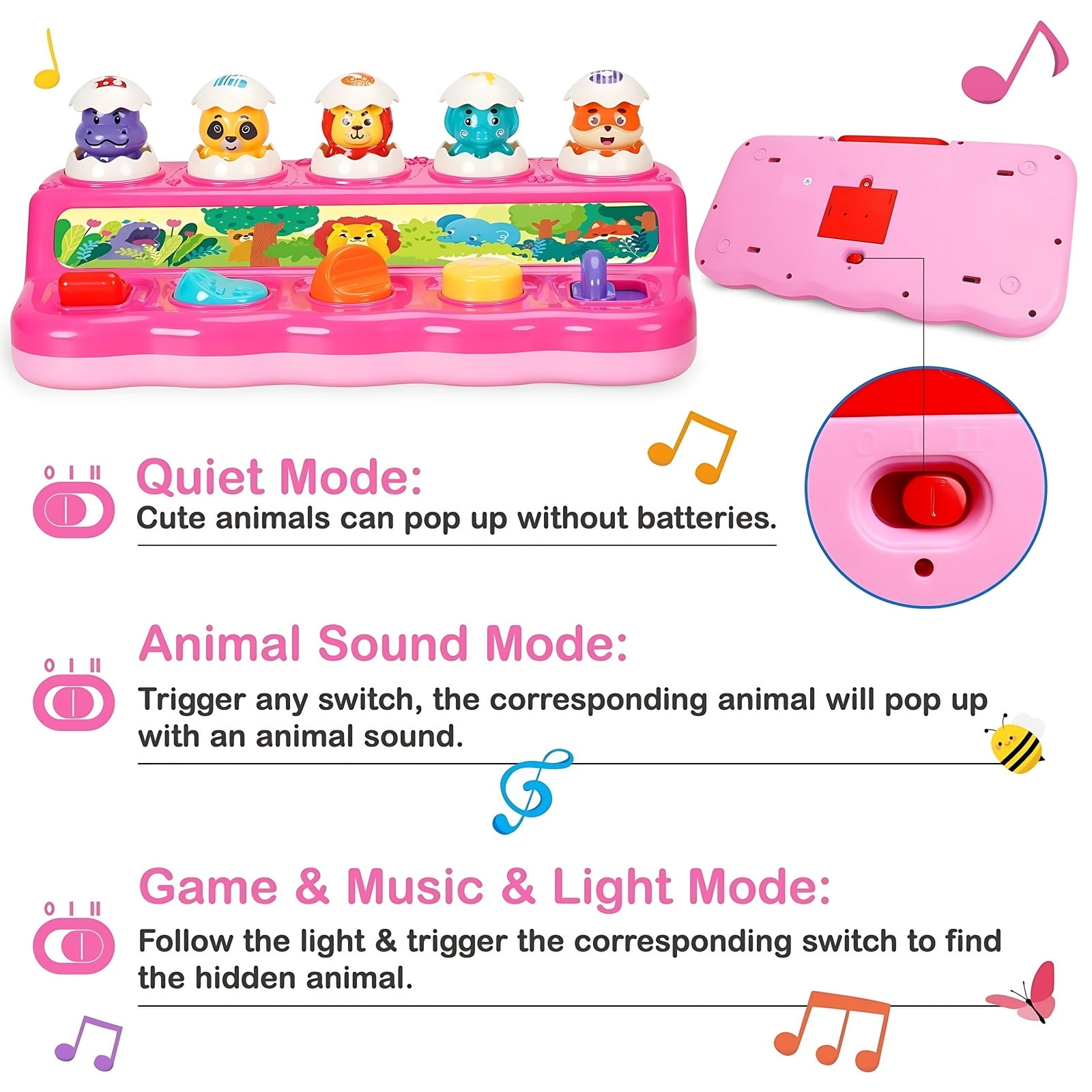 Wanonoo Interactive Pop Up Toys with Music & Light, Montessori Cause and Effect Toys for 1 Year Old Girl, Early Animal Learning Musical Baby Toys for 9-12-18 Months, Birthday Children's Day Gifts
