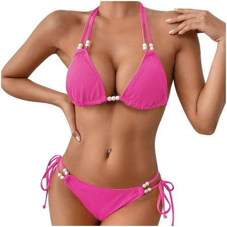 Hfyihgf Women s Triangle String Bikini Set Two Piece Swimsuit Cute Halter Top with Tie Side Bottom Bathing Suit(Hot Pink S)