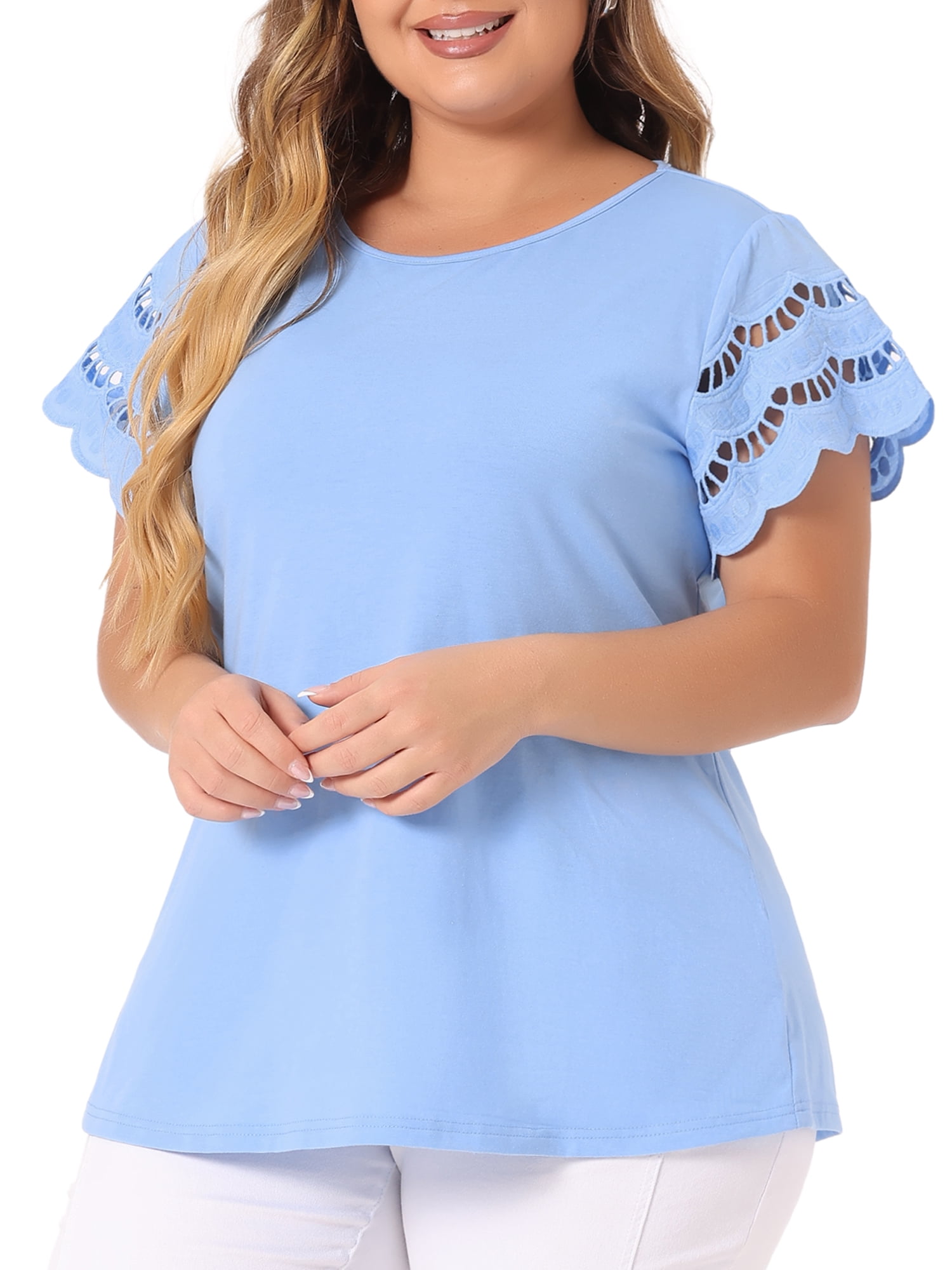 DARING DIVA Women's Plus Size Round Neck Lace Panel Blouses 2X Blue