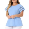thumbnail image 2 of DARING DIVA Women's Plus Lace Panel Elegant Short Sleeve Top 1X Blue, 2 of 6