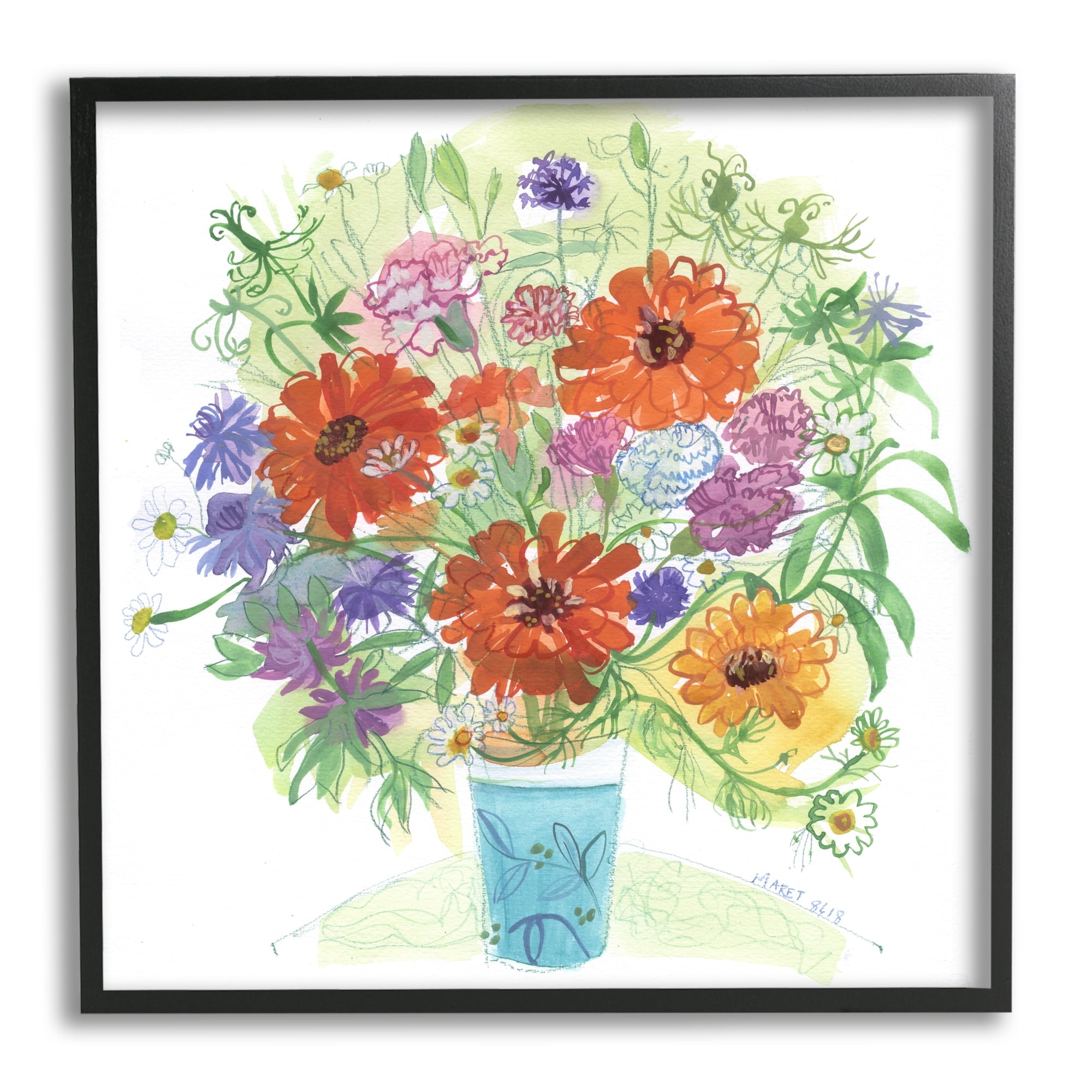 Stupell Industries Assorted Daisies Arrangement Layered Botanical Leaves Painting Black Framed Art Print Wall Art, Design by unknown