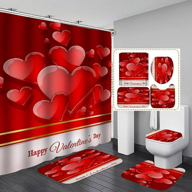 Valentine‘s Day 3D Digital Printing Shower Curtain 4-piece Set For Home / Hotel / Party Decoration