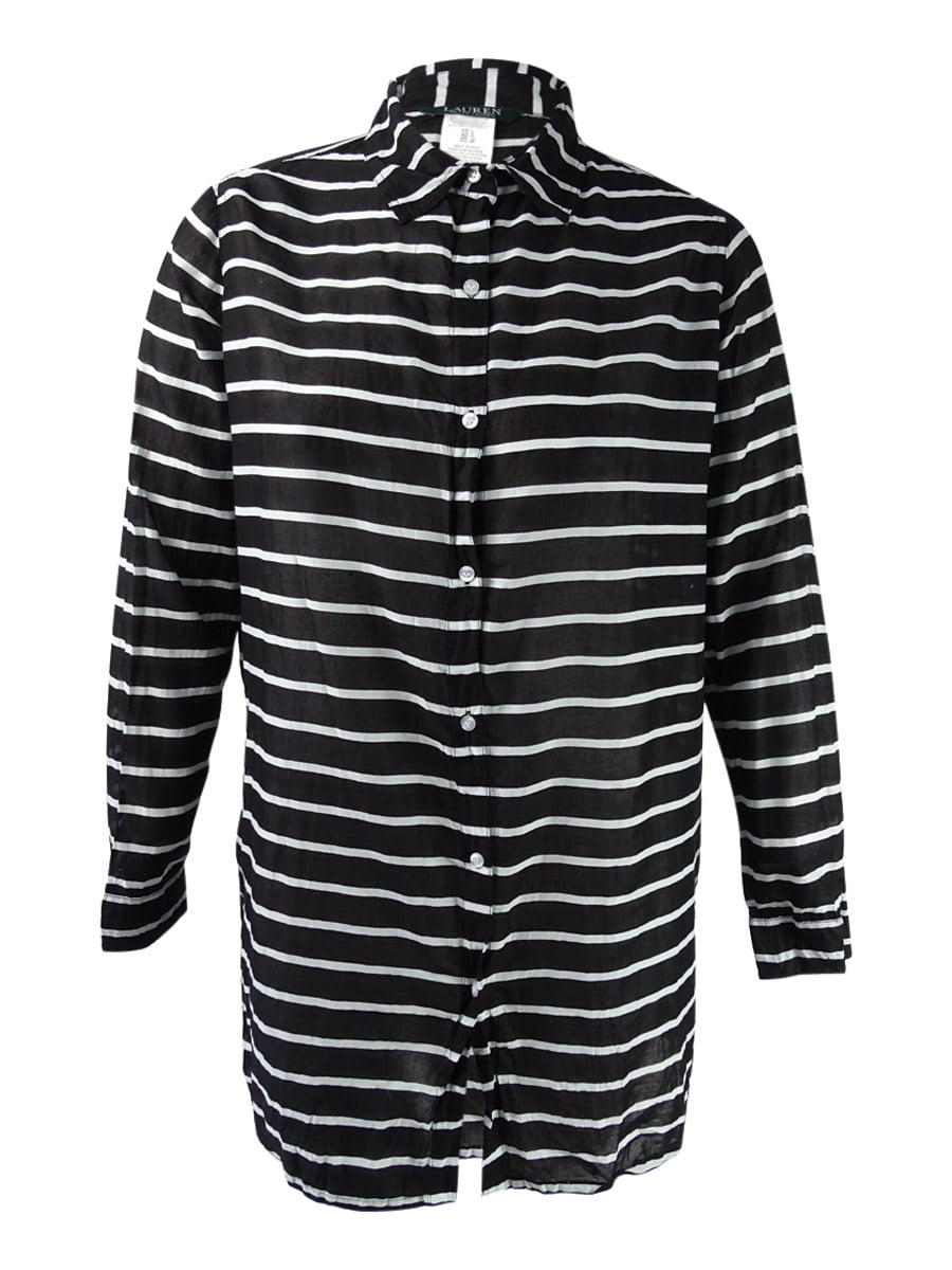 Lauren Ralph Lauren Women's Striped Camp Shirt Cover-Up (Black/White, XS)