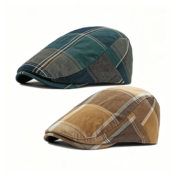 TELOLY 2 Pack Mens Newsboy Flat Cap Plaid Ivy Gatsby Cabbie Driving Golf Hat Beret|Breathable,Adjustable Classic Newsboy Hat