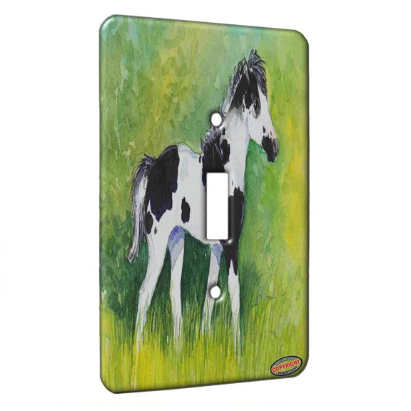 KuzmarK™ Single Gang Toggle Switch Wall Plate - Black Pinto Shetland Pony Foal in Summer Horse Art by Denise Every