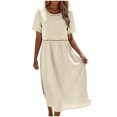 thumbnail image 1 of 2DXuixsh Robe Maxi d'Été Ample et Fluide pour Femme, Ajourée, Col Rond, Couleur Unie, Manches Courtes, Vacances, avec Poches, 1 of 4