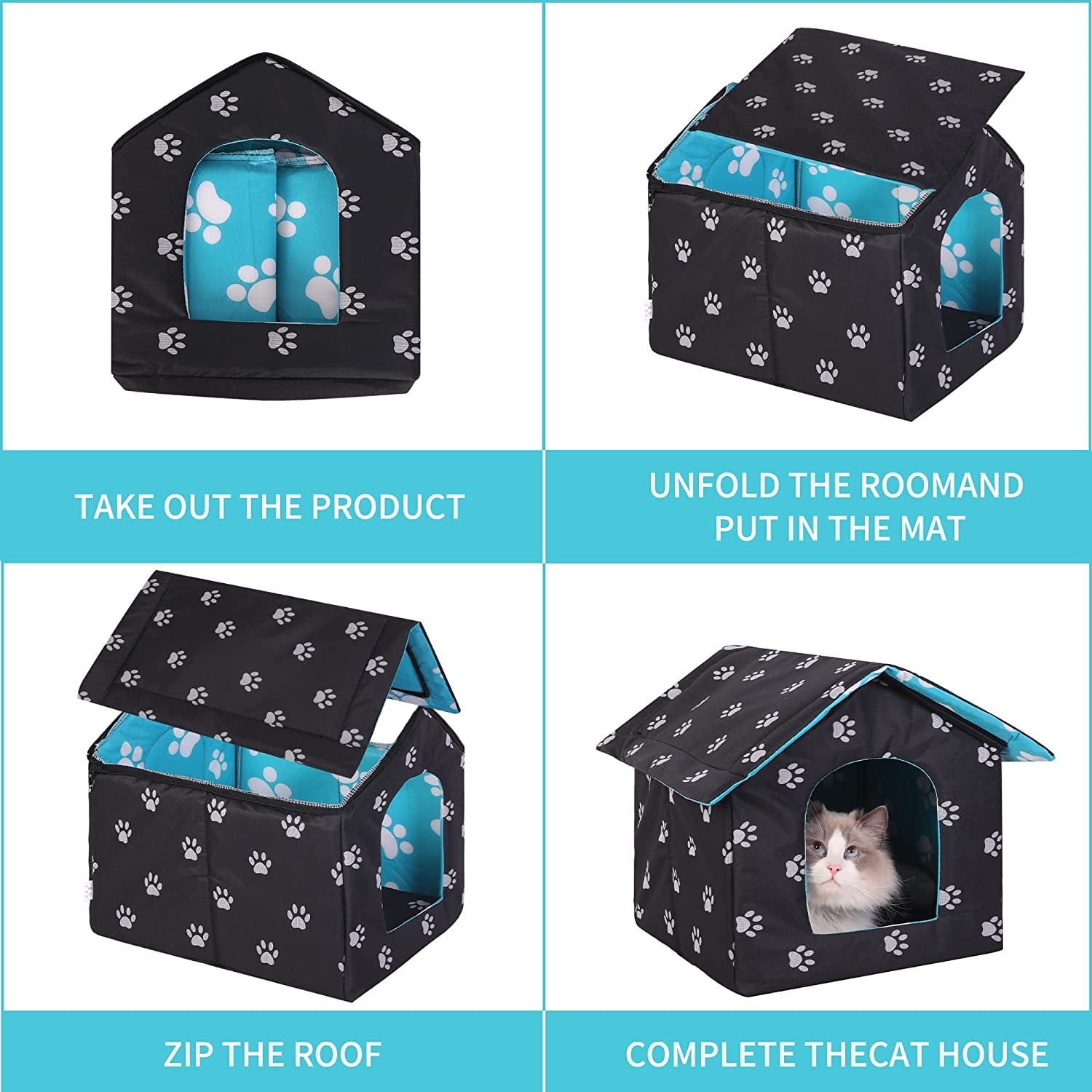 Outdoor Feral cat House for Winter Cats Insulated Waterproof Warm Weatherproof cat Bed Small Dog Kennel,Black Rectangle