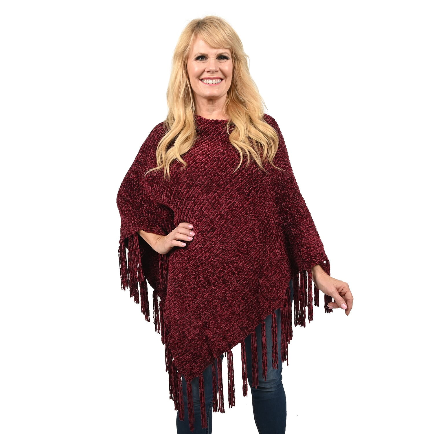 Shop LC Women Chenille Poncho Burgundy Knitted Pattern with Fringe L/XL ...