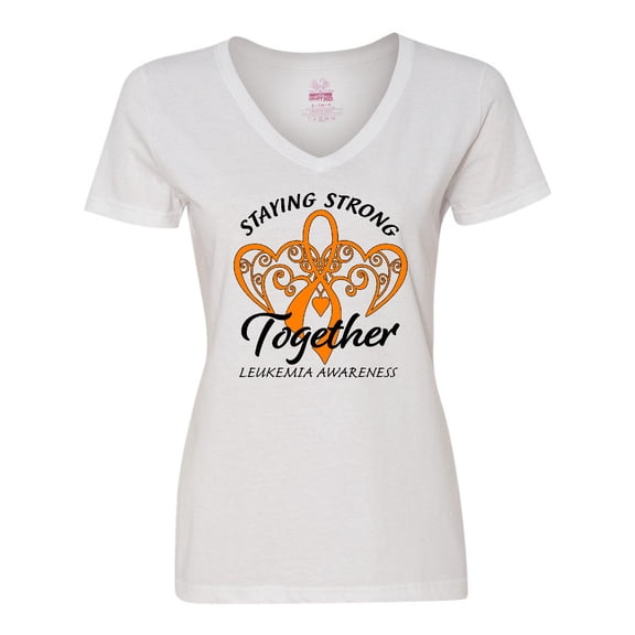 Inktastic Leukemia Awareness Staying Strong Together and Orange Ribbon Women's V-Neck T-Shirt