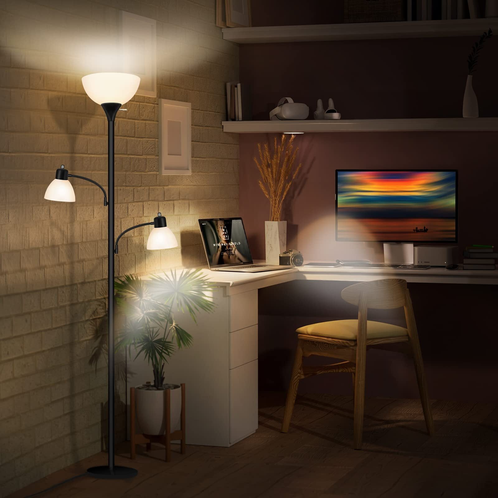 NATYSWAN Floor Lamps for Living Room,Torchiere Floor Lamp with 8W Adjustable Reading Lights, Morden Tall Lamps for Living Room, Bedroom, Office, 3 Bulbs Included