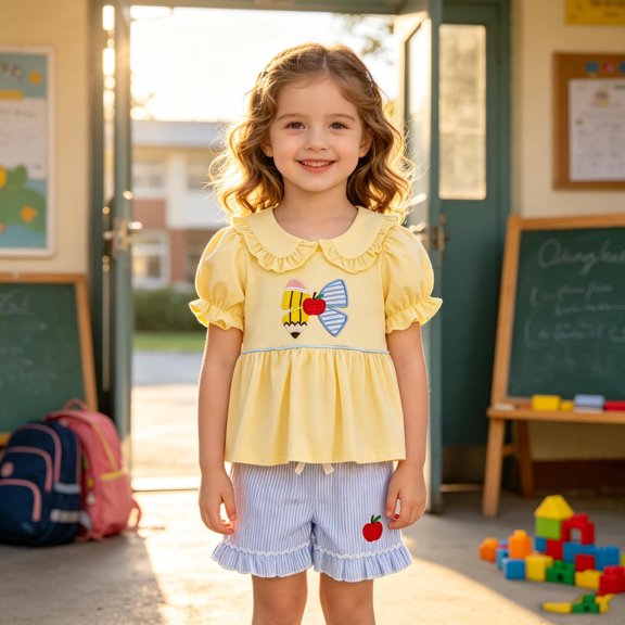 Angala 2 Piece Outfits For Girls Crew Neck Short Sleeve Playful Cartoon Print T Shirt With Plaid Shorts Set Girls Autumn Daily Wear Clothes