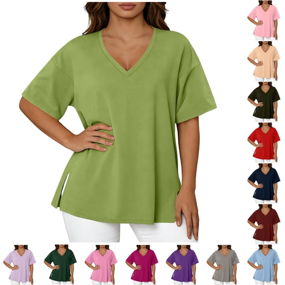 SROBPTY Womens T-Shirts Solid V Neck Short Sleeve Side Slit Plus Size Loose Breathable Summer Tops for Casual Wear