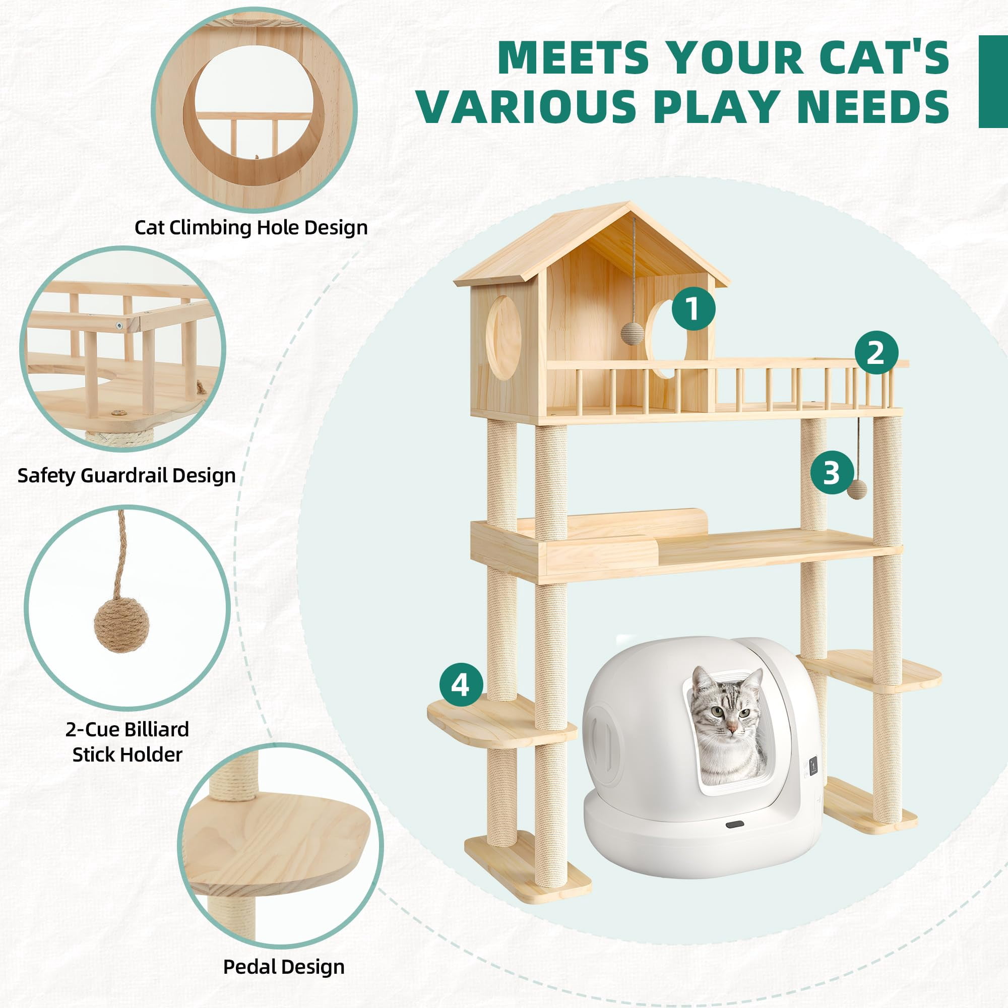 Wood Cat Tower For Automatic Litter Box  60"h Tree With Multi-level Solid Indoor Large Cats Tall Furniture W/cats House Burlywood