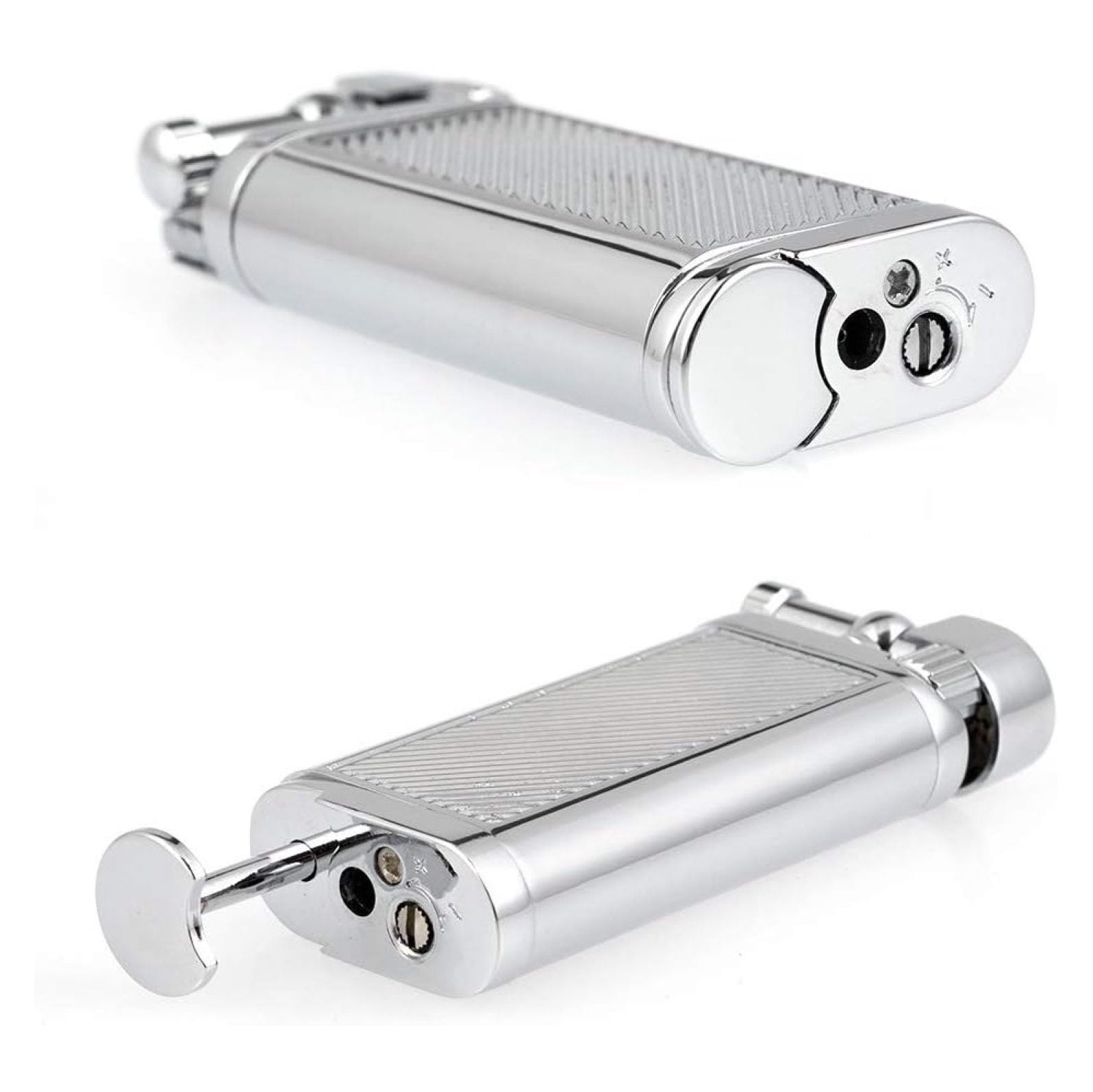 Angled Soft Flame Antique Lift Arm Butane Refillable Lighter with Tamper & Pick (Chrome)