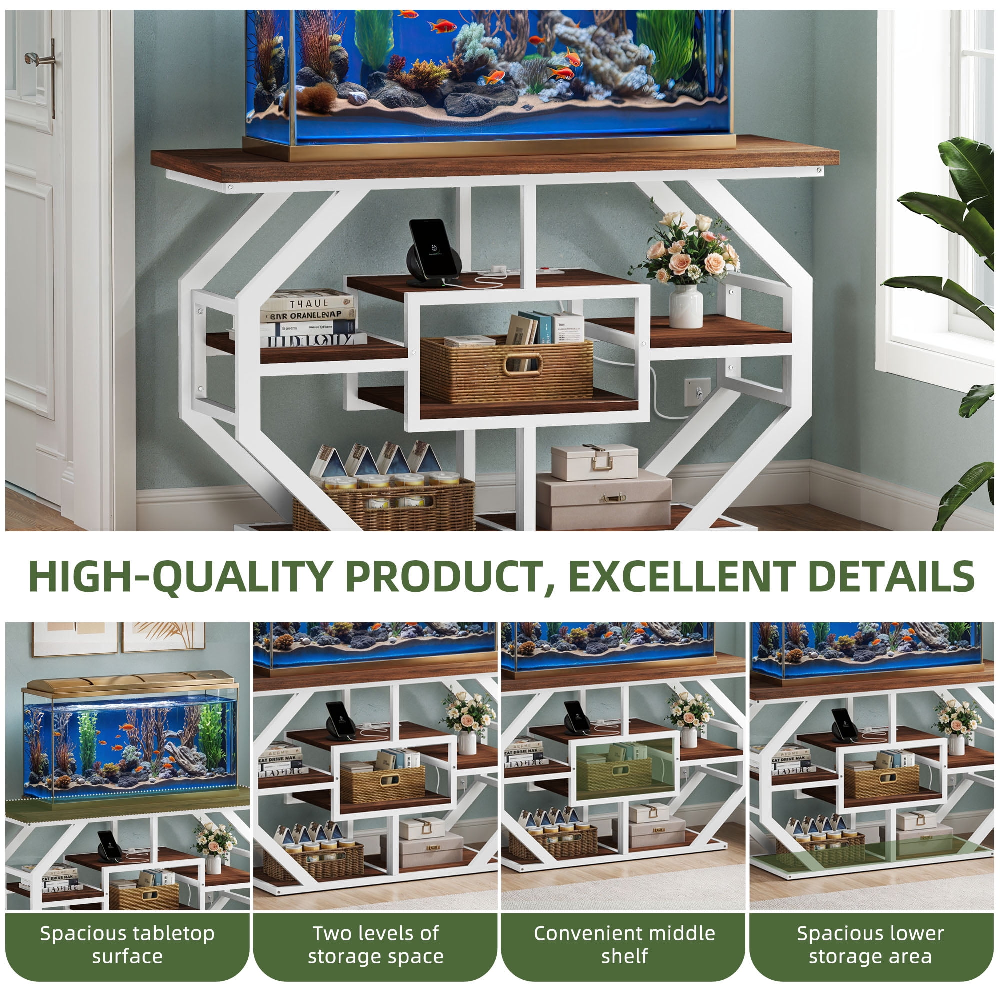 Uforic 55-75 Gal Aquarium Stand with Power Outlet – Faux Marble Fish Tank Stand for Turtle Tank, Reptile Terrarium, 860 lbs Capacity - White & Gold