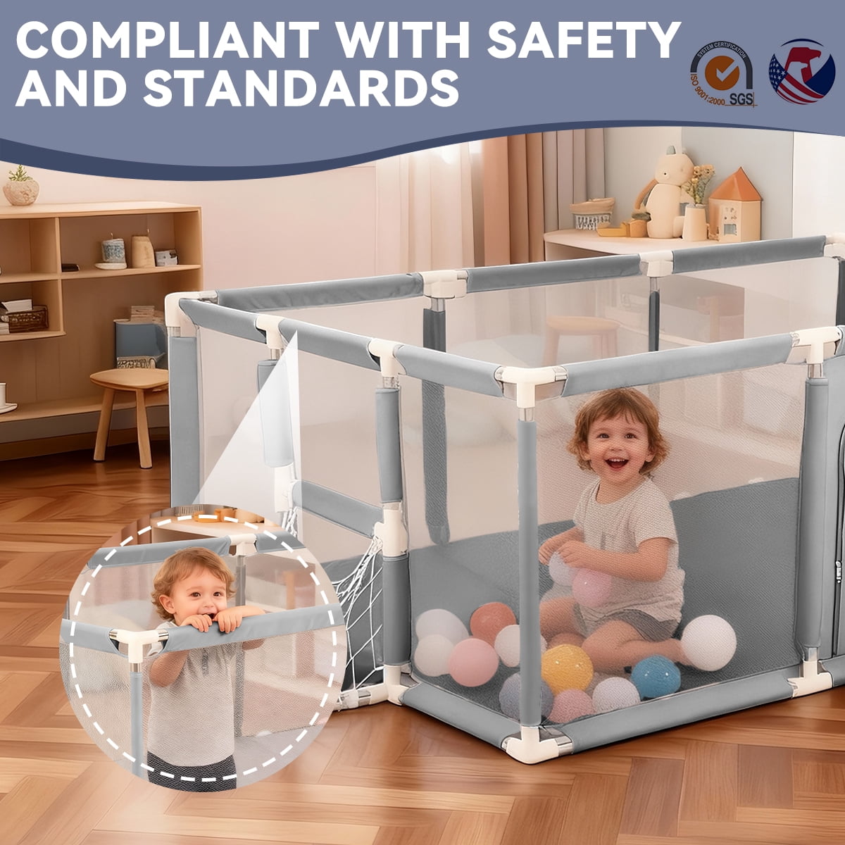 Baby Playpen,71x48inch Large Play Yard for Babies Toddlers, Sturdy Safety Baby Play Area, Gray