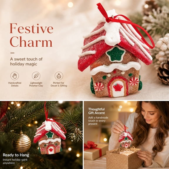Christmas Gingerbread House Ornament, Mini House Hanging Ornament, Red Roof Candy Wreath Design for Christmas Tree, Wreath, Garland and Festive Holiday Display, 2.75 Inch