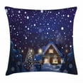 thumbnail image 1 of Christmas Throw Pillow Cushion Cover, Winter Night Country Landscape with Little House Among Pine Trees and Snow, Decorative Square Accent Pillow Case, 24 X 24 Inches, Navy Blue Yellow, by Ambesonne, 1 of 2
