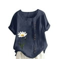 thumbnail image 2 of Blouses for Women Prints Linen Cotton Comfy Short Sleeve Dressy Shirts Round Neck Women's Tops Summer Floral Print Casual Tshirts Tunic, 2 of 4