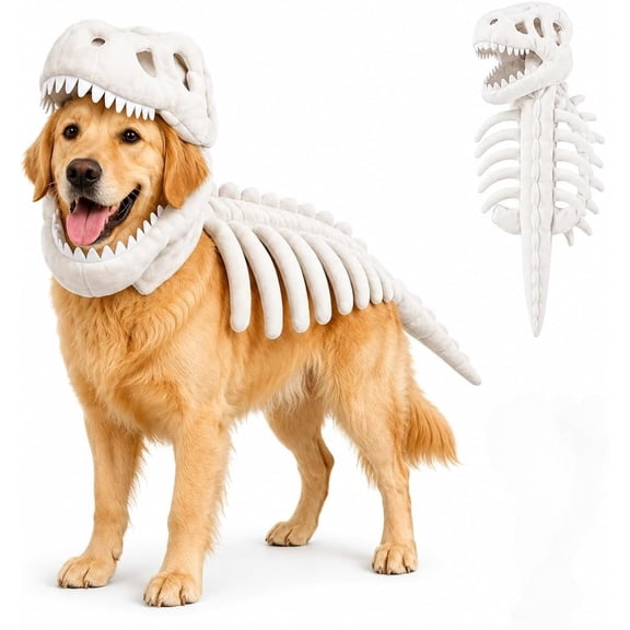 Pet Dinosaur Costume, Soft Plush T-Rex Skeleton Funny Dino Cosplay Outfit, Cute Party Clothes for Medium, Large Dogs, Cats and Big Dog Breeds