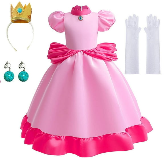 Princess Peach Dress For Girls Kids with Gloves Super Brother Cosplay Halloween Costumes
