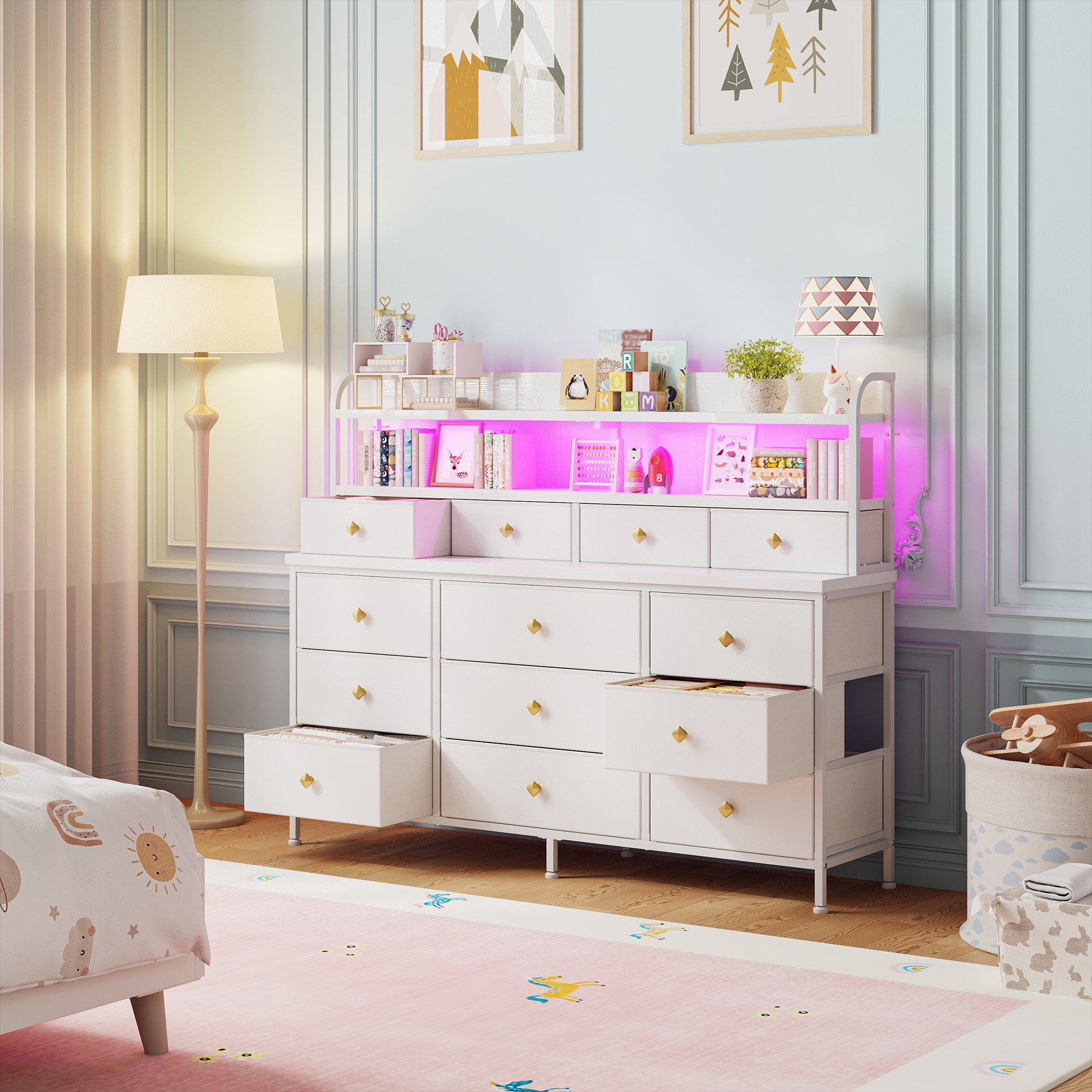 White Dresser for Bedroom Long Dresser with 13 Fabric Drawers and Shelves for Closet Dresser with LED Light