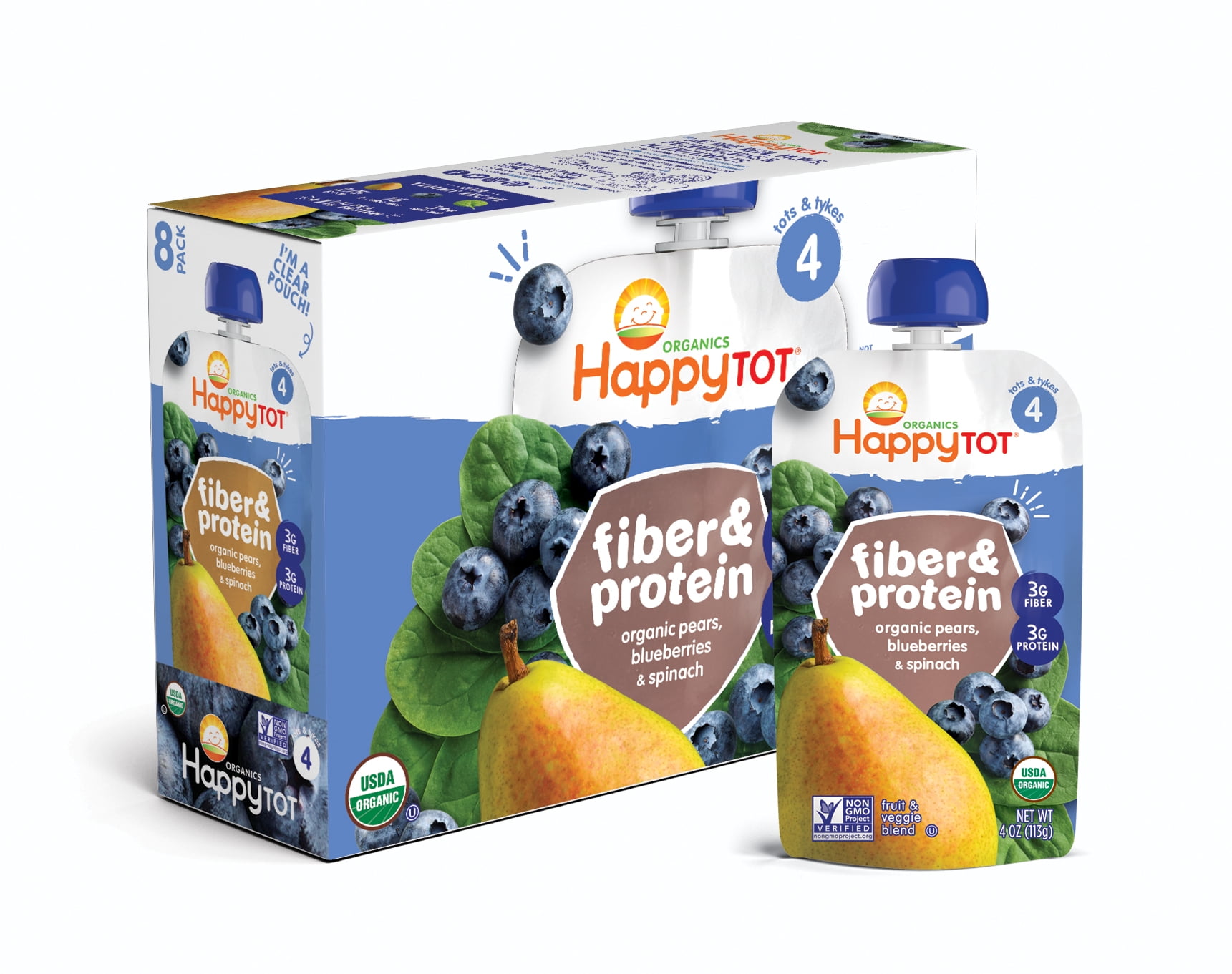 (8 Pouches) Happy Tots Organic Fiber & Protein Stage 4 , Pear