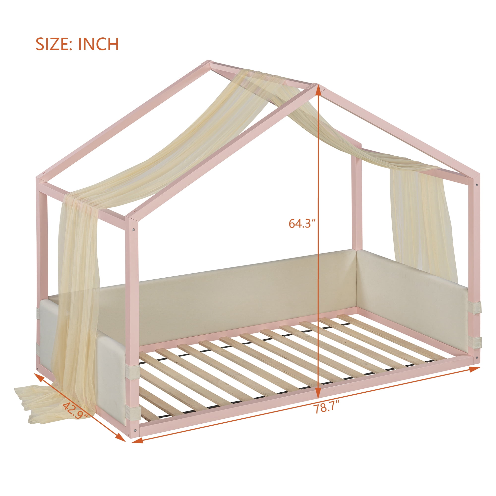Mintazer Twin Size Montessori House Floor Bed with Breathable Gauze Canopy & Velvet Upholstered Side Guard Panels, Low Platform Kids Playhouse Bed Frame for Bedroom Guest Room, Pink