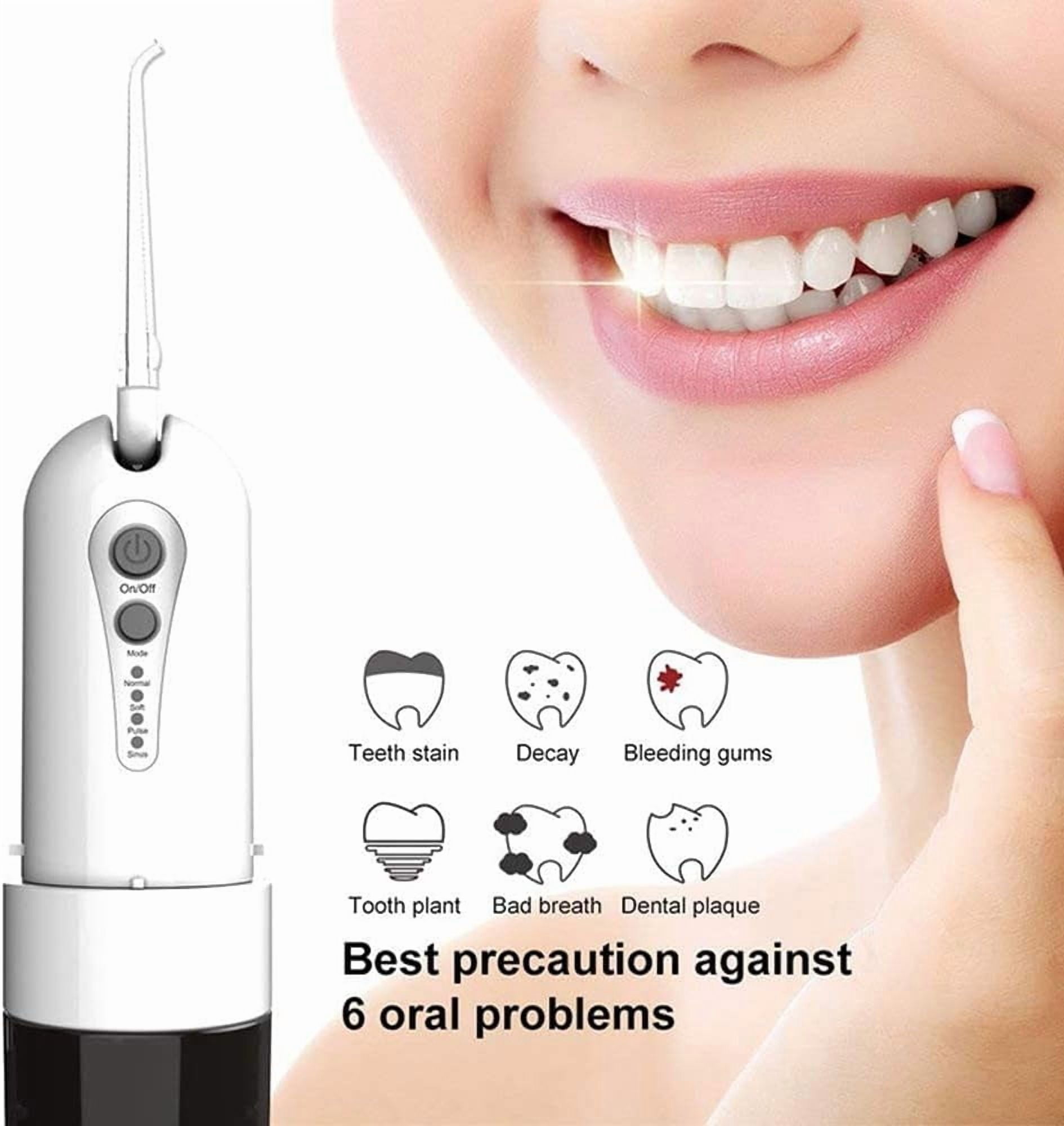 Water Dental Flosser for Teeth, Portable 200ML Water Teeth Cleaner Picks with 4 Cleaning Modes & 5 Jet Tips for Family Use, USB Rechargeable