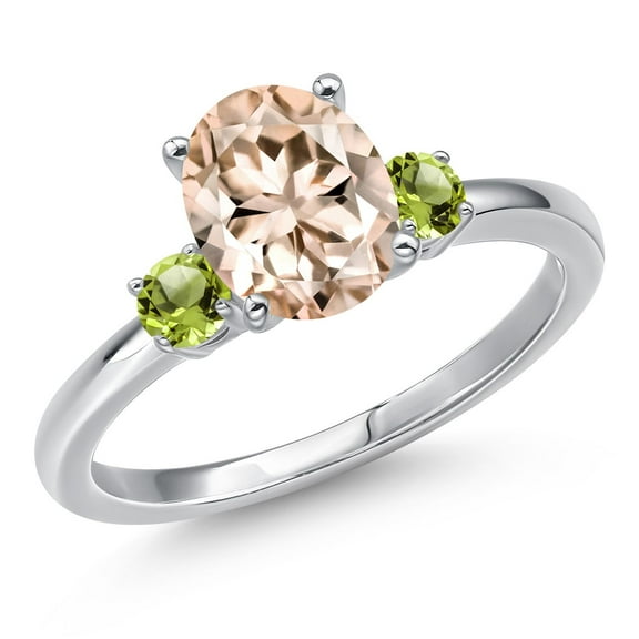 Gem Stone King 14K White Gold Peach Morganite and Green Peridot Engagement Ring for Women | 1.84 Cttw | Oval 9X7MM | Gemstone October Birthstone | Size 6