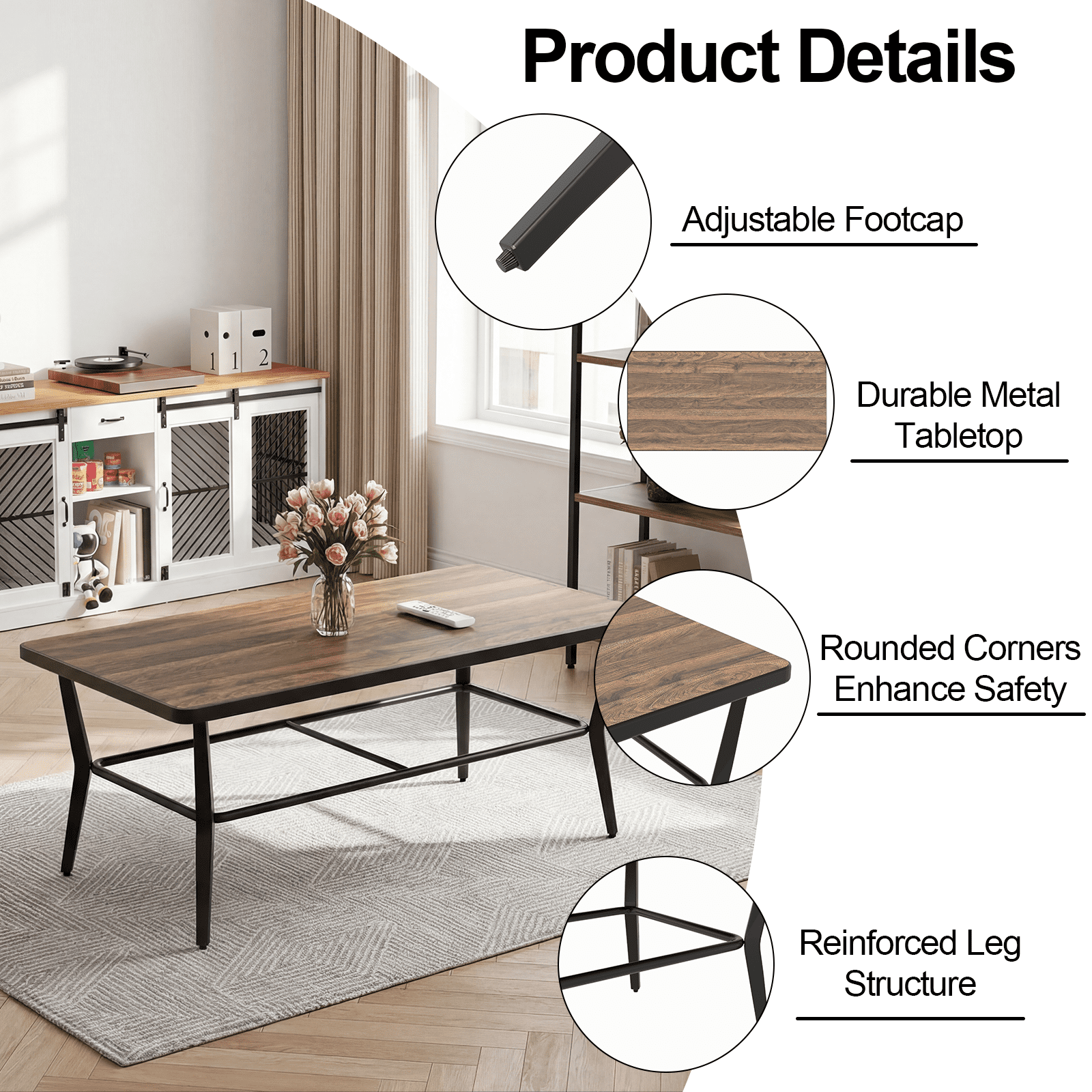 ALAULM Outdoor Coffee Table, 47" Rectangle Metal Patio Coffee Table with DPC Stone-Plastic Top, All-Weather Coffee Table for Patio, Garden, Balcony, Poolside