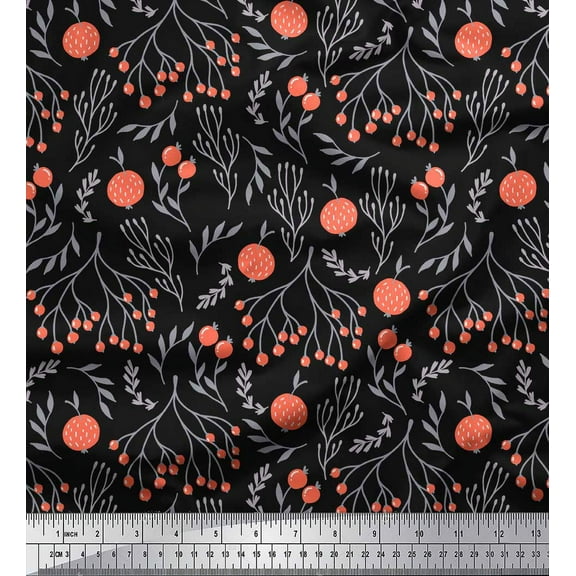 Soimoi Black Cotton Duck Fabric Branch & Red Berries Fruits Print Fabric by the Yard 42 Inch Wide