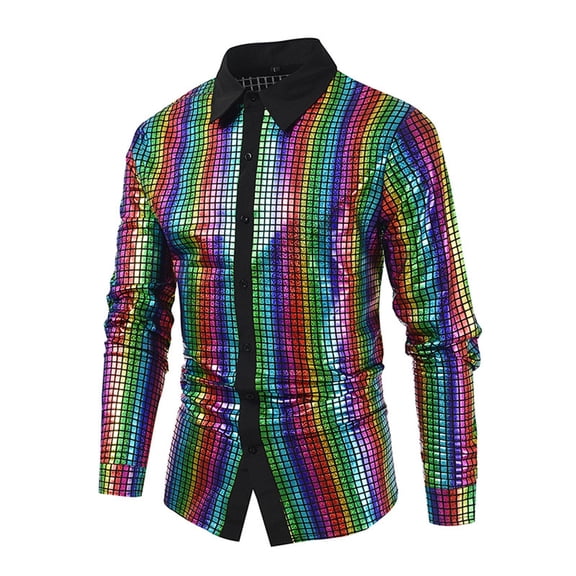 Mens 70S Disco Party Gold Silver Multicolour Rainbow Plaid Sequins Print Long Sleeve Button Down Shirts Outfits Clothes