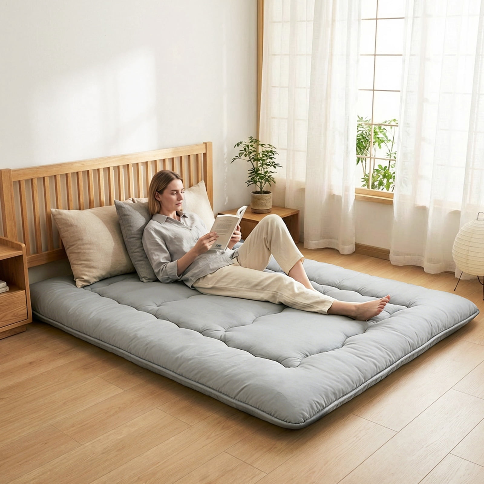 Sweetcrispy Full Japanese Floor Mattress with Washable Cover, Folding Memory Foam Sleeping Mat for Dorm, Camping & Guest Room, Gray