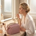 thumbnail image 3 of Makeup Bag Travel Toiletry Bag Cosmetic Bags for Women, Wide-open Pouch Make up Organizer Case for Travel Essentials Toiletries Accessories, Pink, 3 of 8