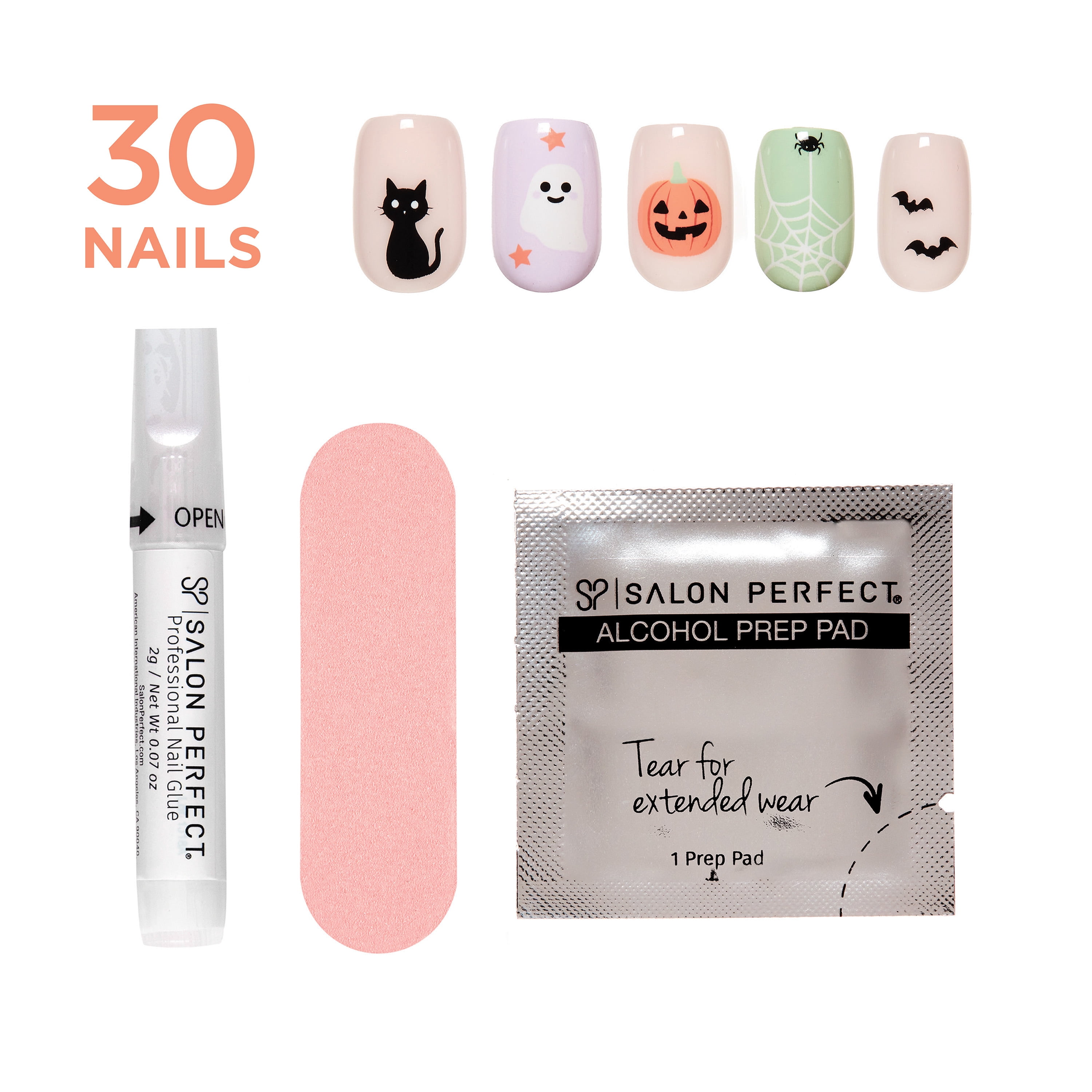 Salon Perfect Halloween Thrill Short Square Press-On Nails with Glue & File, Jack-O-Lantern, 30 Pieces